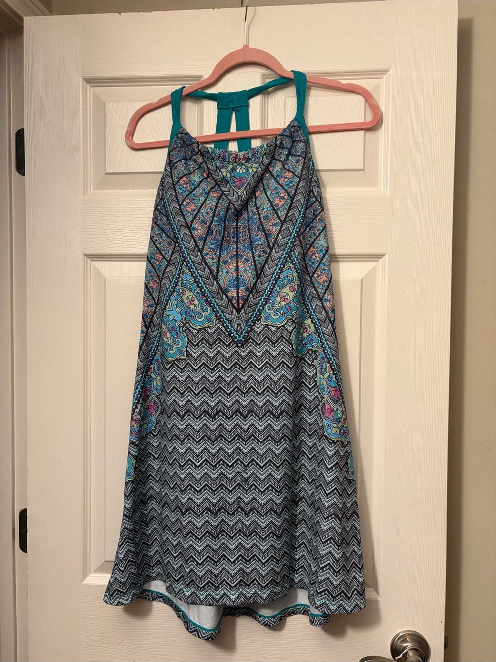 Prana Blue Patterned Midi Dress with Teal Straps